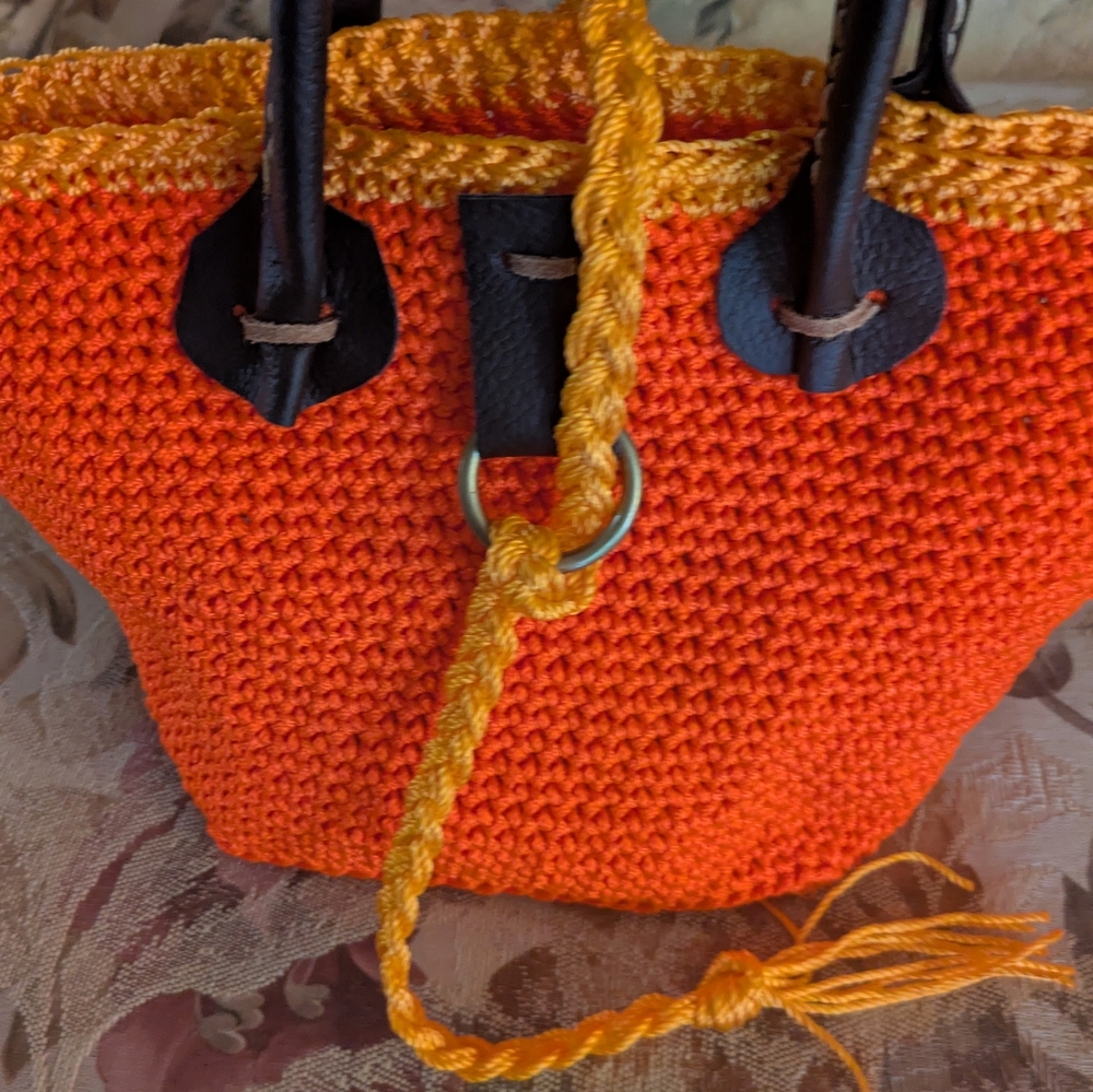 Handmade Crochet Bucket Bag Nylon Mason Line Bright Orange Brown Leather - Picture 4 of 16